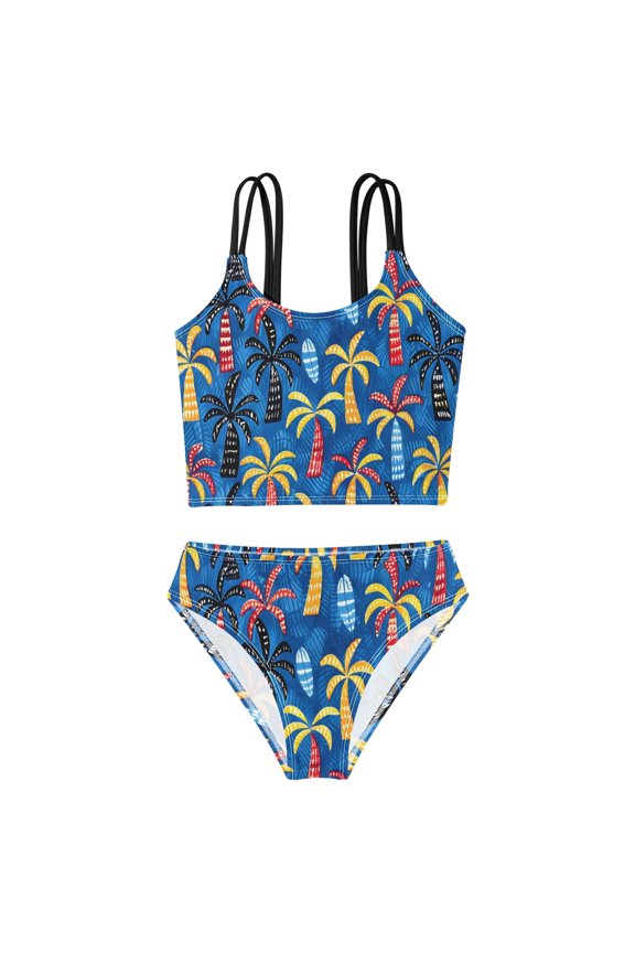 BZSMCE Swimsuit 2-Piece Tank Swimming Wear Quick Dry Bathing Suit-Blue Background Colorful Palm Trees Pattern Printed