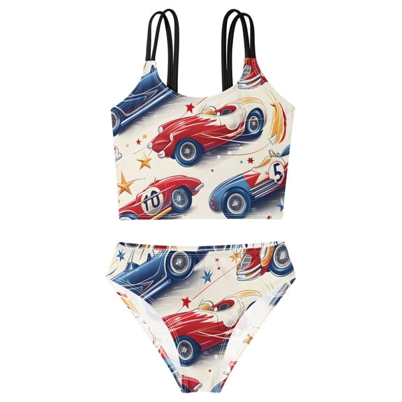 BZSMCE Swimsuit 2-Piece Tank Swimming Wear Quick Dry Bathing Suit-Blue and Red Racing Pattern Printed