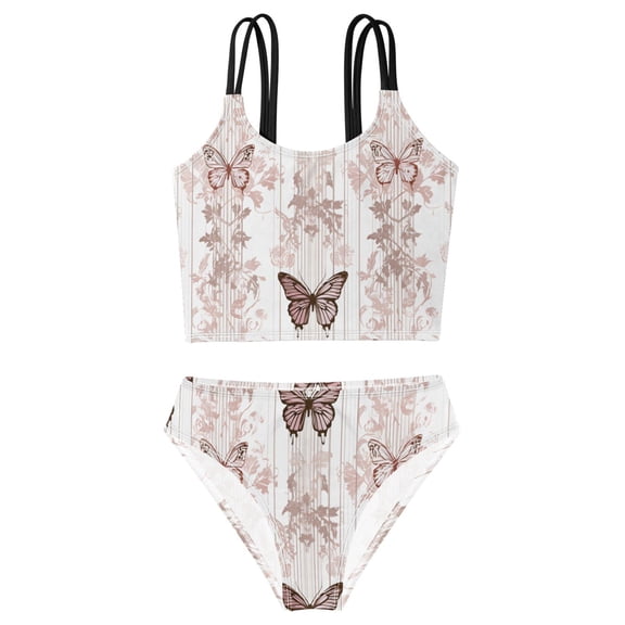 BZSMCE Swimsuit 2-Piece Tank Swimming Wear Quick Dry Bathing Suit-Butterfly Garden Stripe Printed