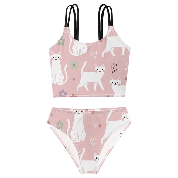 BZSMCE Swimsuit 2-Piece Tank Swimming Wear Quick Dry Bathing Suit-Cartoon Cat Design on Printed