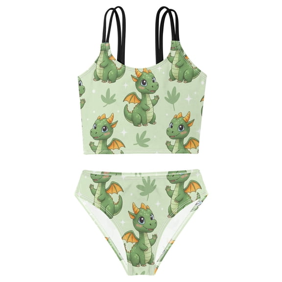BZSMCE Swimsuit 2-Piece Tank Swimming Wear Quick Dry Bathing Suit-Cartoon Cute Dragon Green Printed