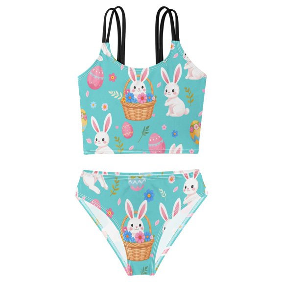 BZSMCE Swimsuit 2-Piece Tank Swimming Wear Quick Dry Bathing Suit-Cartoon Rabbit Easter Egg Pattern Printed