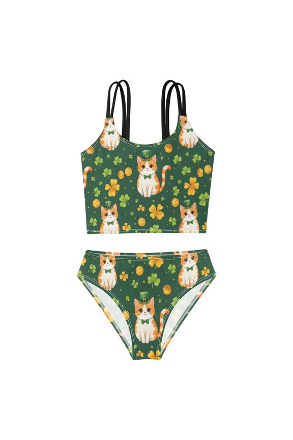BZSMCE Swimsuit 2-Piece Tank Swimming Wear Quick Dry Bathing Suit-Cat and Clover Pattern Printed