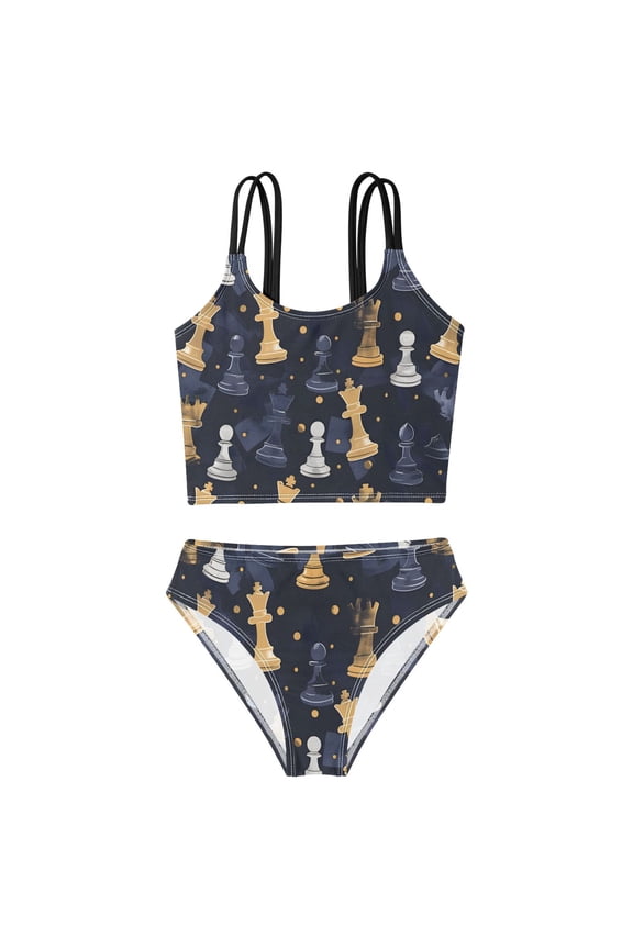 BZSMCE Swimsuit 2-Piece Tank Swimming Wear Quick Dry Bathing Suit-Chess Black Gold Pattern Printed