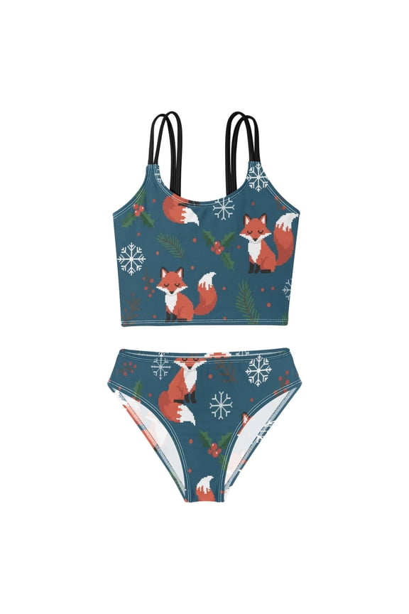 BZSMCE Swimsuit 2-Piece Tank Swimming Wear Quick Dry Bathing Suit-Christmas Fox Printed