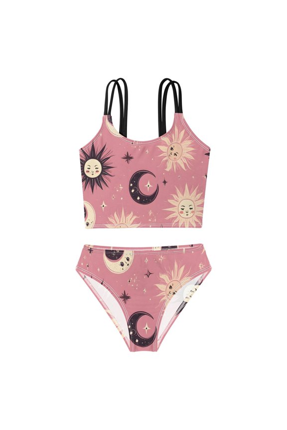 BZSMCE Swimsuit 2-Piece Tank Swimming Wear Quick Dry Bathing Suit-Cute Moon Sun Pattern Printed