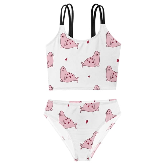BZSMCE Swimsuit 2-Piece Tank Swimming Wear Quick Dry Bathing Suit-Cute Seal Pink Pattern Printed