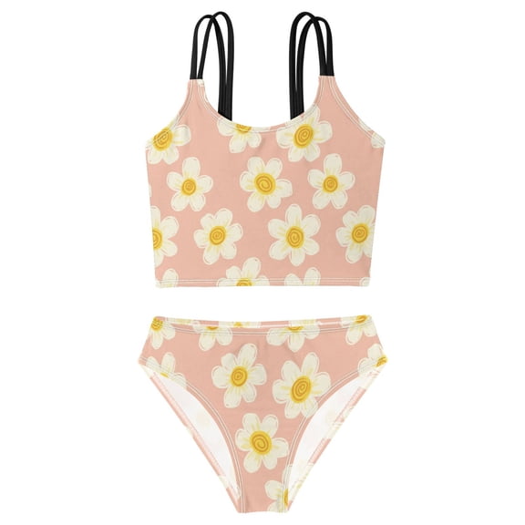 BZSMCE Swimsuit 2-Piece Tank Swimming Wear Quick Dry Bathing Suit-Daisy Pattern Printed