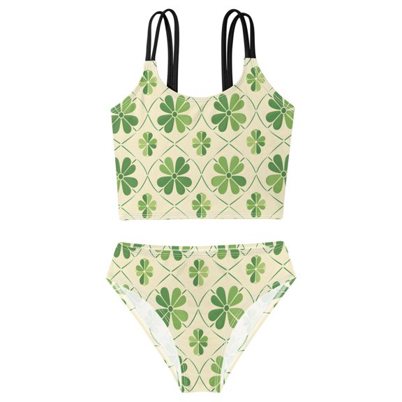 BZSMCE Swimsuit 2-Piece Tank Swimming Wear Quick Dry Bathing Suit-Four-leaf Clover Geometry Pattern Printed