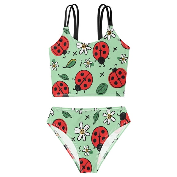 BZSMCE Swimsuit 2-Piece Tank Swimming Wear Quick Dry Bathing Suit-Ladybug Flower Pattern Printed