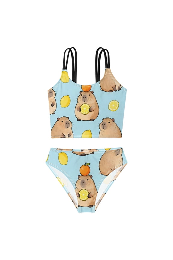 BZSMCE Swimsuit 2-Piece Tank Swimming Wear Quick Dry Bathing Suit-Lemon Capybara Orange Pattern Printed