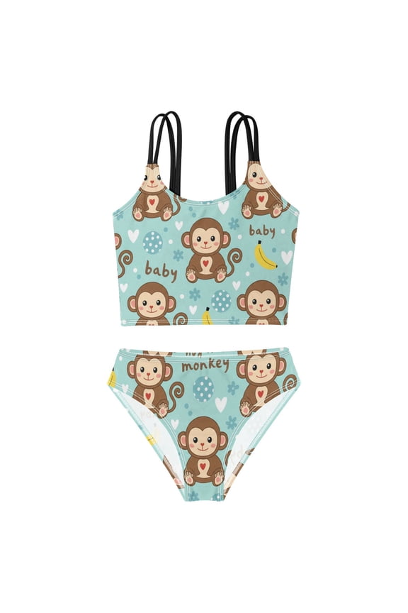BZSMCE Swimsuit 2-Piece Tank Swimming Wear Quick Dry Bathing Suit-Monkey Bananas Printed