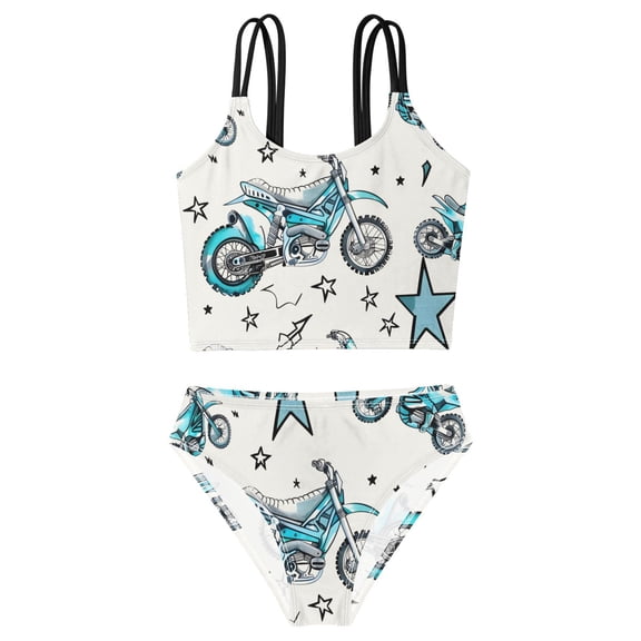 BZSMCE Swimsuit 2-Piece Tank Swimming Wear Quick Dry Bathing Suit-Motorcycle Blue Pattern Printed