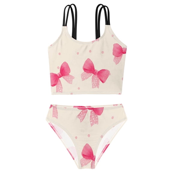 BZSMCE Swimsuit 2-Piece Tank Swimming Wear Quick Dry Bathing Suit-Pink Bow Polka Dots Pattern Printed