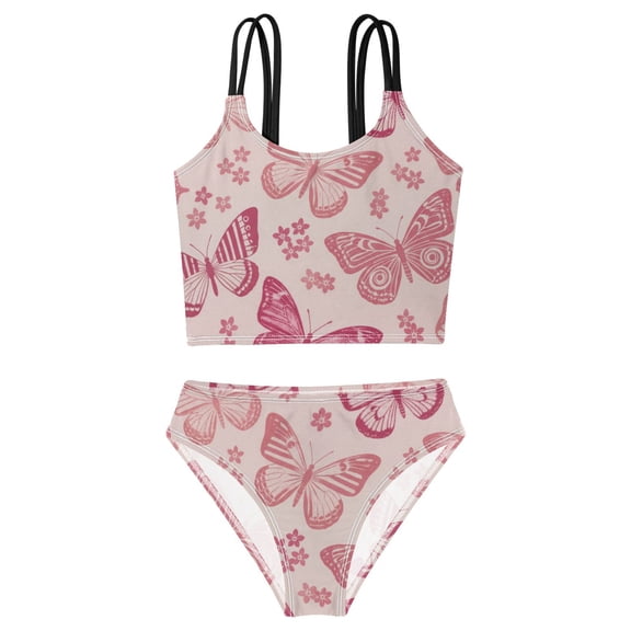 BZSMCE Swimsuit 2-Piece Tank Swimming Wear Quick Dry Bathing Suit-Pink Butterfly Printed