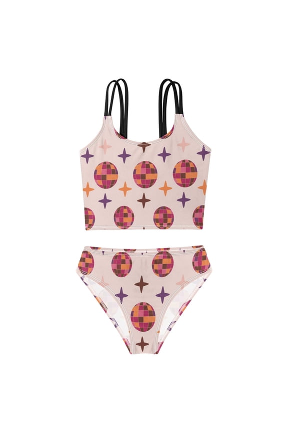 BZSMCE Swimsuit 2-Piece Tank Swimming Wear Quick Dry Bathing Suit-Pink Disco Balls Stars Printed