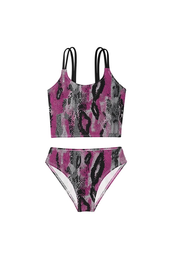 BZSMCE Swimsuit 2-Piece Tank Swimming Wear Quick Dry Bathing Suit-Pink Snake Skin Pattern Printed