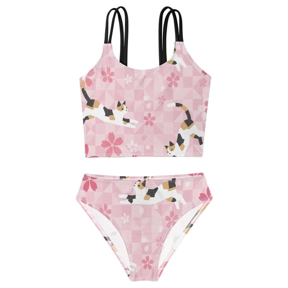 BZSMCE Swimsuit 2-Piece Tank Swimming Wear Quick Dry Bathing Suit-ネコ 猫 猫柄 和風 和柄 桜 ピンク Printed