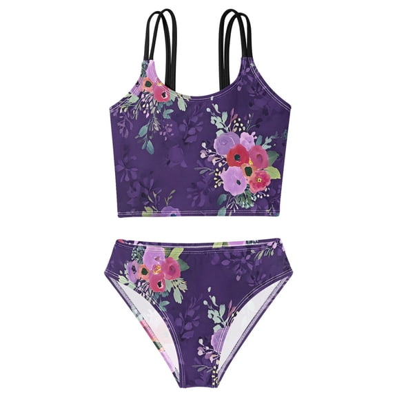 BZSMCE Swimsuit 2-Piece Tank Swimming Wear Quick Dry Bathing Suit-Purple Floral Pattern Printed