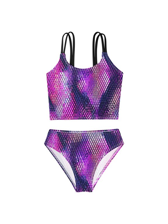 BZSMCE Swimsuit 2-Piece Tank Swimming Wear Quick Dry Bathing Suit-Purple Python Pattern Printed