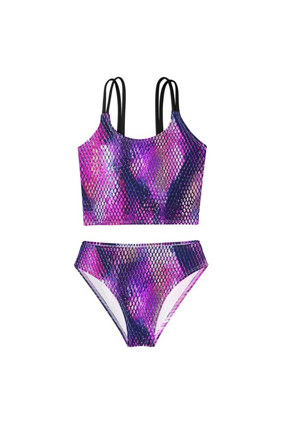 BZSMCE Swimsuit 2-Piece Tank Swimming Wear Quick Dry Bathing Suit-Purple Python Pattern Printed