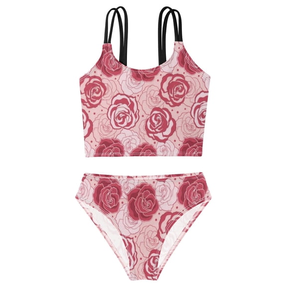 BZSMCE Swimsuit 2-Piece Tank Swimming Wear Quick Dry Bathing Suit-Red Rose Repeat Printed