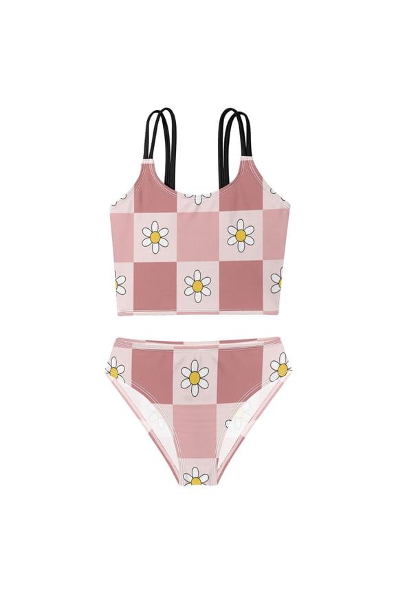 BZSMCE Swimsuit 2-Piece Tank Swimming Wear Quick Dry Bathing Suit-Retro Blush Checkered Daisy Printed