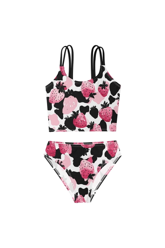 BZSMCE Swimsuit 2-Piece Tank Swimming Wear Quick Dry Bathing Suit-Strawberry Leopard Print Pattern Printed
