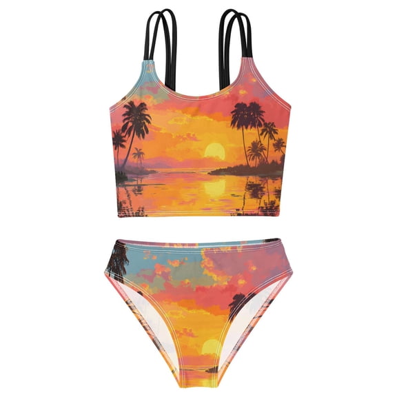 BZSMCE Swimsuit 2-Piece Tank Swimming Wear Quick Dry Bathing Suit-Sunset Tree Printed