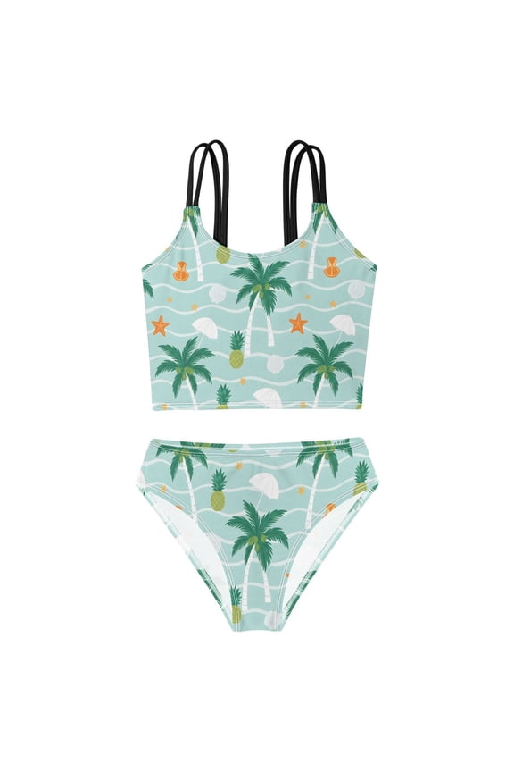 BZSMCE Swimsuit 2-Piece Tank Swimming Wear Quick Dry Bathing Suit-Tropical Coast Pattern Printed