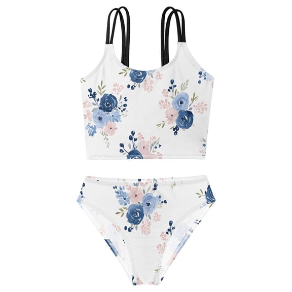 BZSMCE Swimsuit 2-Piece Tank Swimming Wear Quick Dry Bathing Suit-Watercolor Blue Floral Pattern Printed