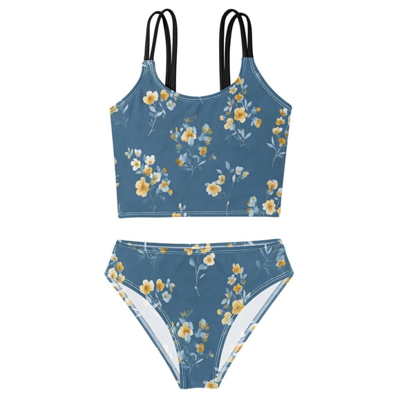 BZSMCE Swimsuit 2-Piece Tank Swimming Wear Quick Dry Bathing Suit-Yellow Flower Printed