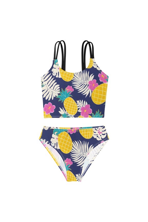 BZSMCE Swimsuit 2-Piece Tank Swimming Wear Quick Dry Bathing Suit-Yellow Pineapple Flower Pattern Printed