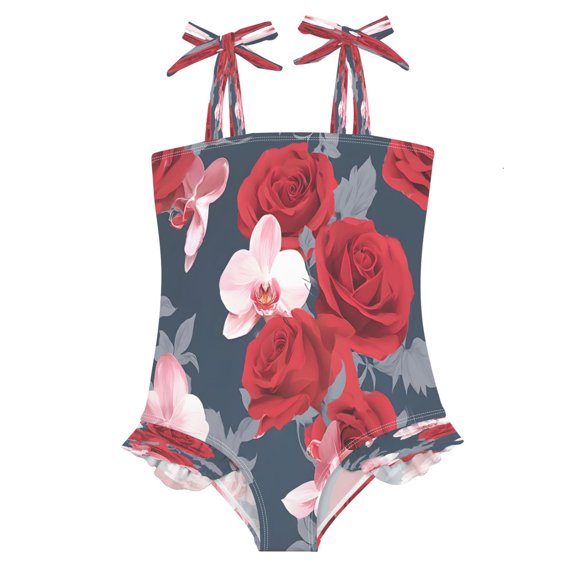 BZSMCE Swimsuit One Piece swimwear Red Pink Rose Pattern of Pattern