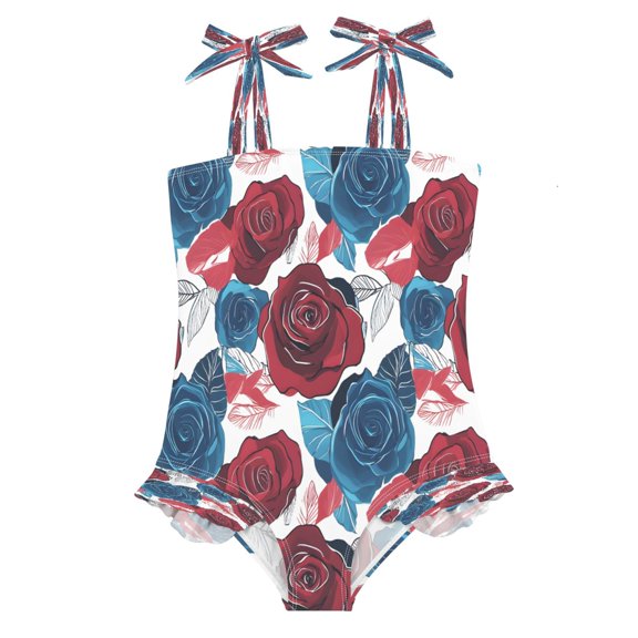 BZSMCE Swimsuit One Piece swimwear Red and Blue Rose Pattern of Pattern