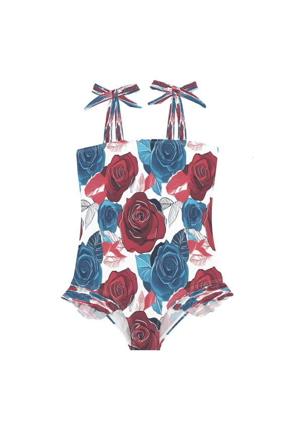 BZSMCE Swimsuit One Piece swimwear Red and Blue Rose Pattern of Pattern
