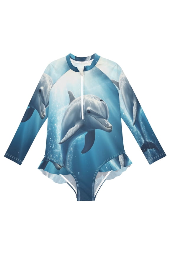 BZSMCE Swimwear Beautiful Dolphins For Long Sleeve One-Piece Swimsuit UPF 50 And UV Protection Quick Dry Chlorine ResistantBeautiful Dolphins Pattern