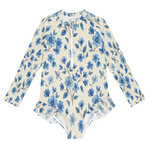 BZSMCE Swimwear Blue Forget-me-not For Long Sleeve One-Piece Swimsuit UPF 50 And UV Protection Quick Dry Chlorine ResistantBlue Forget-Me-Not Pattern
