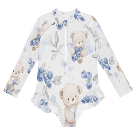 BZSMCE Swimwear Blueberry Bear Pattern For Long Sleeve One-Piece Swimsuit UPF 50 And UV Protection Quick Dry Chlorine ResistantBlueberry Bear Pattern Pattern