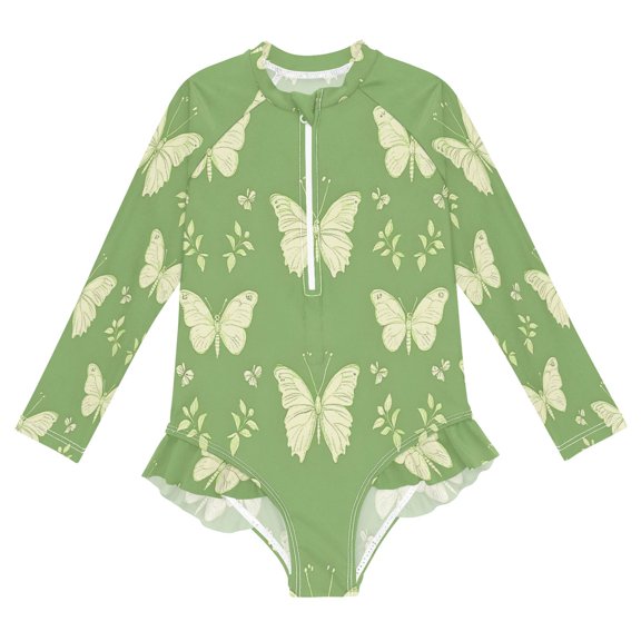 BZSMCE Swimwear Butterfly Green Pattern For Long Sleeve One-Piece Swimsuit UPF 50 And UV Protection Quick Dry Chlorine ResistantButterfly Green Pattern Pattern