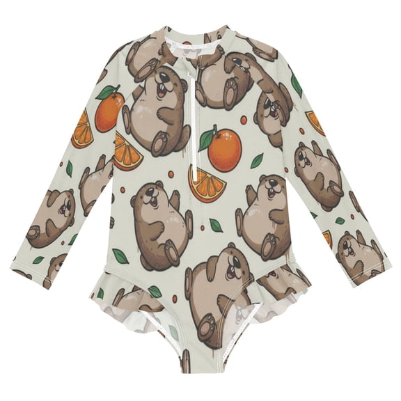 BZSMCE Swimwear Capybara Orange Fruit For Long Sleeve One-Piece Swimsuit UPF 50 And UV Protection Quick Dry Chlorine ResistantCapybara Orange Fruit Pattern