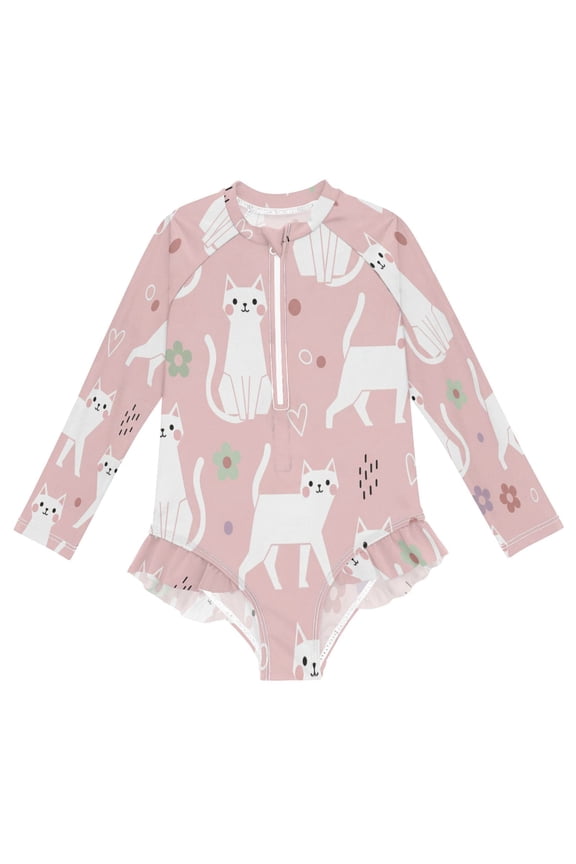 BZSMCE Swimwear Cartoon Cat Design on For Long Sleeve One-Piece Swimsuit UPF 50 And UV Protection Quick Dry Chlorine ResistantCartoon Cat Design On Pattern