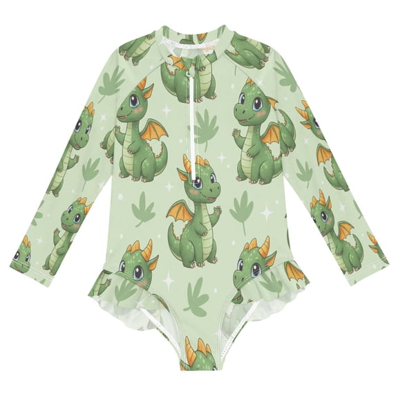 BZSMCE Swimwear Cartoon Cute Dragon Green For Long Sleeve One-Piece Swimsuit UPF 50 And UV Protection Quick Dry Chlorine ResistantCartoon Cute Dragon Green Pattern