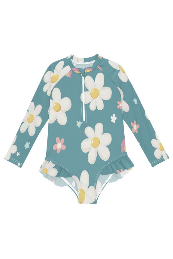BZSMCE Swimwear Cartoon Flower Pattern For Long Sleeve One-Piece Swimsuit UPF 50 And UV Protection Quick Dry Chlorine ResistantCartoon Flower Pattern Pattern