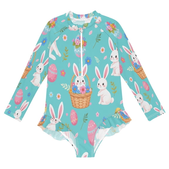 BZSMCE Swimwear Cartoon Rabbit Easter Egg Pattern For Long Sleeve One-Piece Swimsuit UPF 50 And UV Protection Quick Dry Chlorine ResistantCartoon Rabbit Easter Egg Pattern Pattern