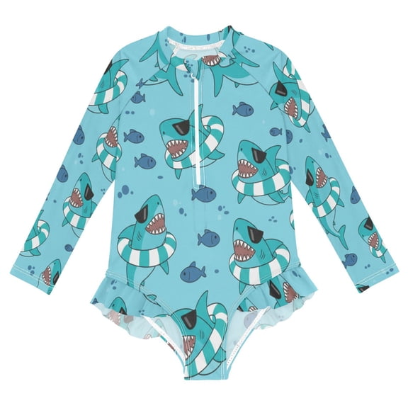 BZSMCE Swimwear Colorful Fish Sea Ocean Blue Shark For Long Sleeve One-Piece Swimsuit UPF 50 And UV Protection Quick Dry Chlorine ResistantColorful Fish Sea Ocean Blue Shark Pattern