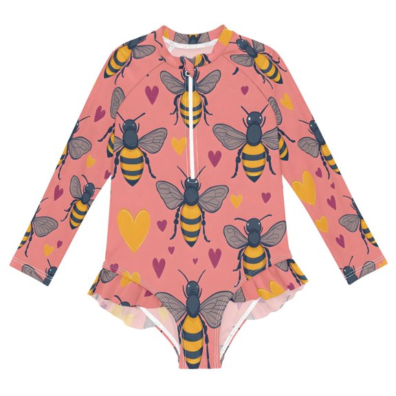 BZSMCE Swimwear Coralbeelovehearts Pattern For Long Sleeve One-Piece Swimsuit UPF 50 And UV Protection Quick Dry Chlorine ResistantCoralbeelovehearts Pattern Pattern