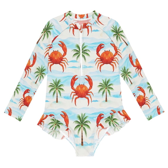 BZSMCE Swimwear Crab Coconut Tree Pattern For Long Sleeve One-Piece ...