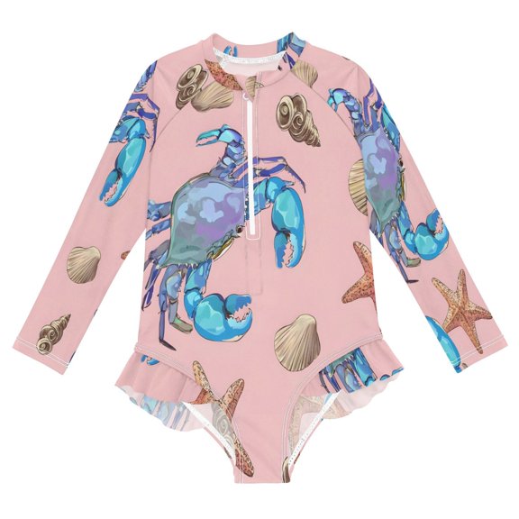 BZSMCE Swimwear Crab Pattern For Long Sleeve One-Piece Swimsuit UPF 50 And UV Protection Quick Dry Chlorine ResistantCrab Pattern Pattern