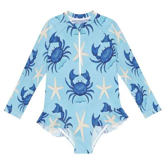 BZSMCE Swimwear Crab Starfish Pattern For Long Sleeve One-Piece Swimsuit UPF 50 And UV Protection Quick Dry Chlorine ResistantCrab, Starfish Pattern Pattern